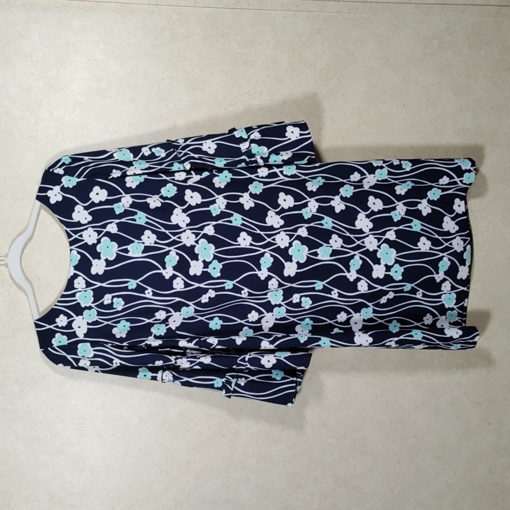 G149 Talbots navy, cream & mint green poppy bell sleeve dress 6